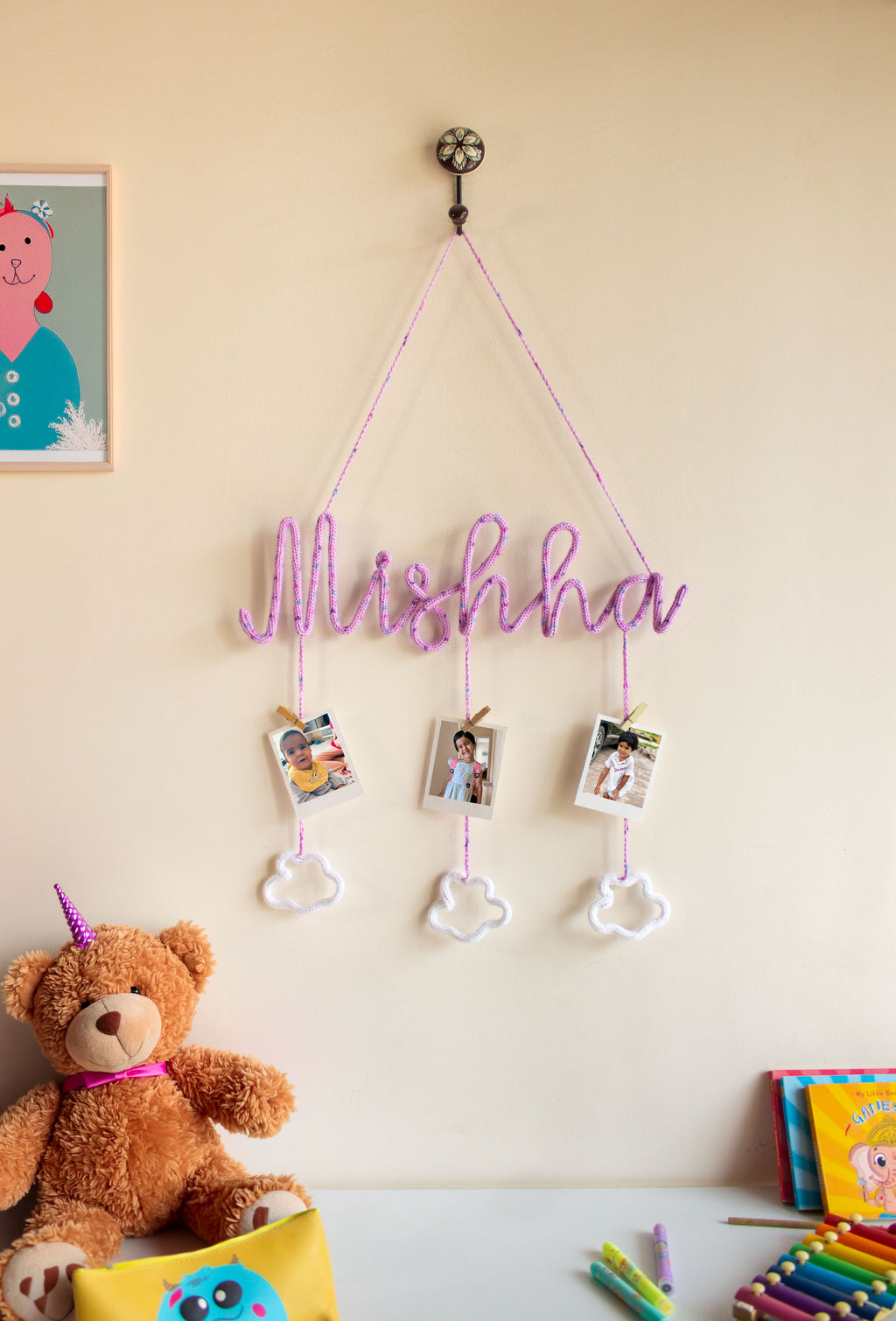Personalized Crochet Name Wall Hanger with Custom Polaroid Photos